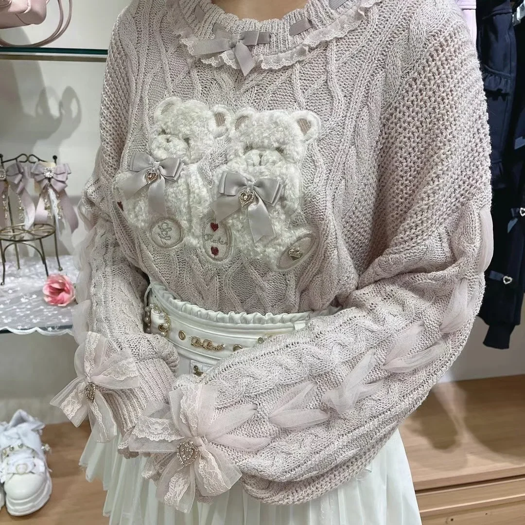 Sweater rajut beruang lucu Jepang, Sweater Lolita lengan panjang anak perempuan musim gugur dan musim dingin baru