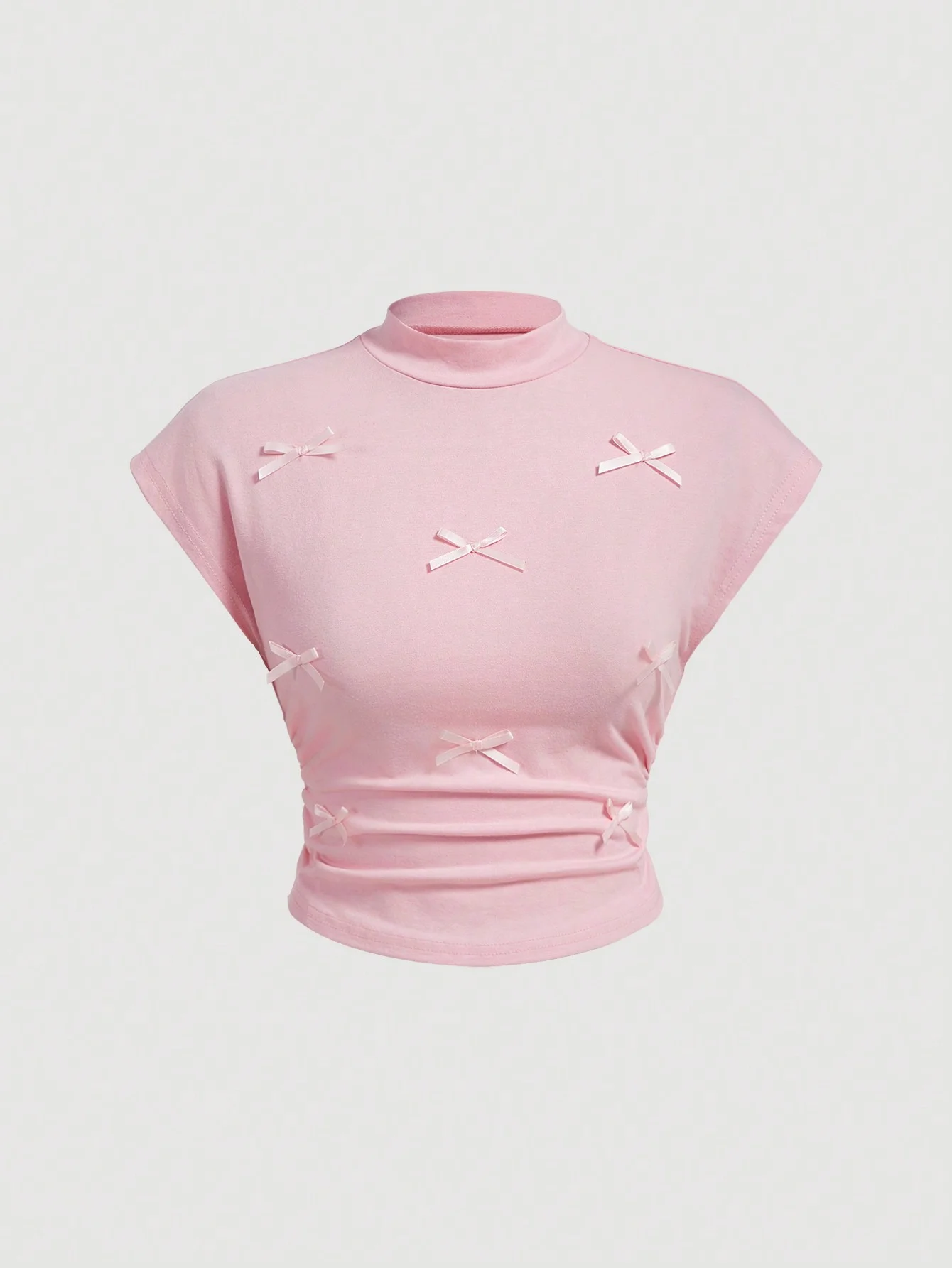 New Solid Color Three-dimensional Bow Half High Neck Flying Sleeve Temperament Slim-fit Summer Women's T-shirt