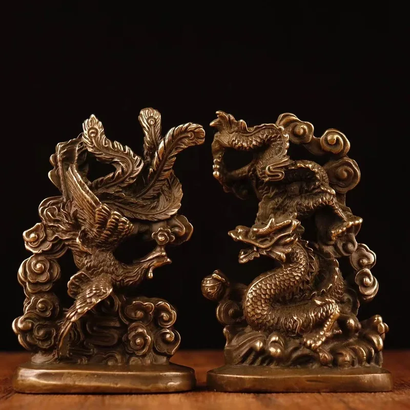 All-copper dragon and phoenix ornaments, a pair of dragon and phoenix playing with pearls, symbolizing auspiciousness, for home