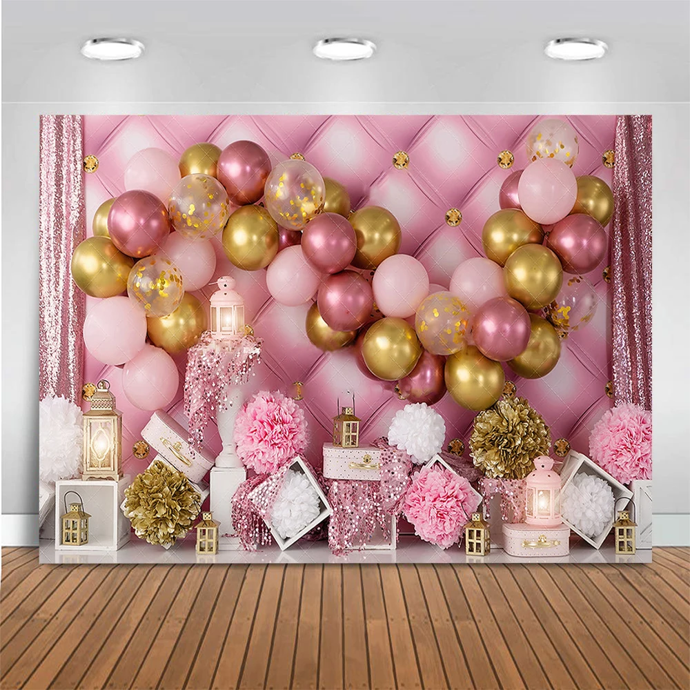 Pretty Pink Gold Balloon Photo Background Princess Girl Baby Shower Birthday Photography Backdrop Cake Smash Photo Studio Props