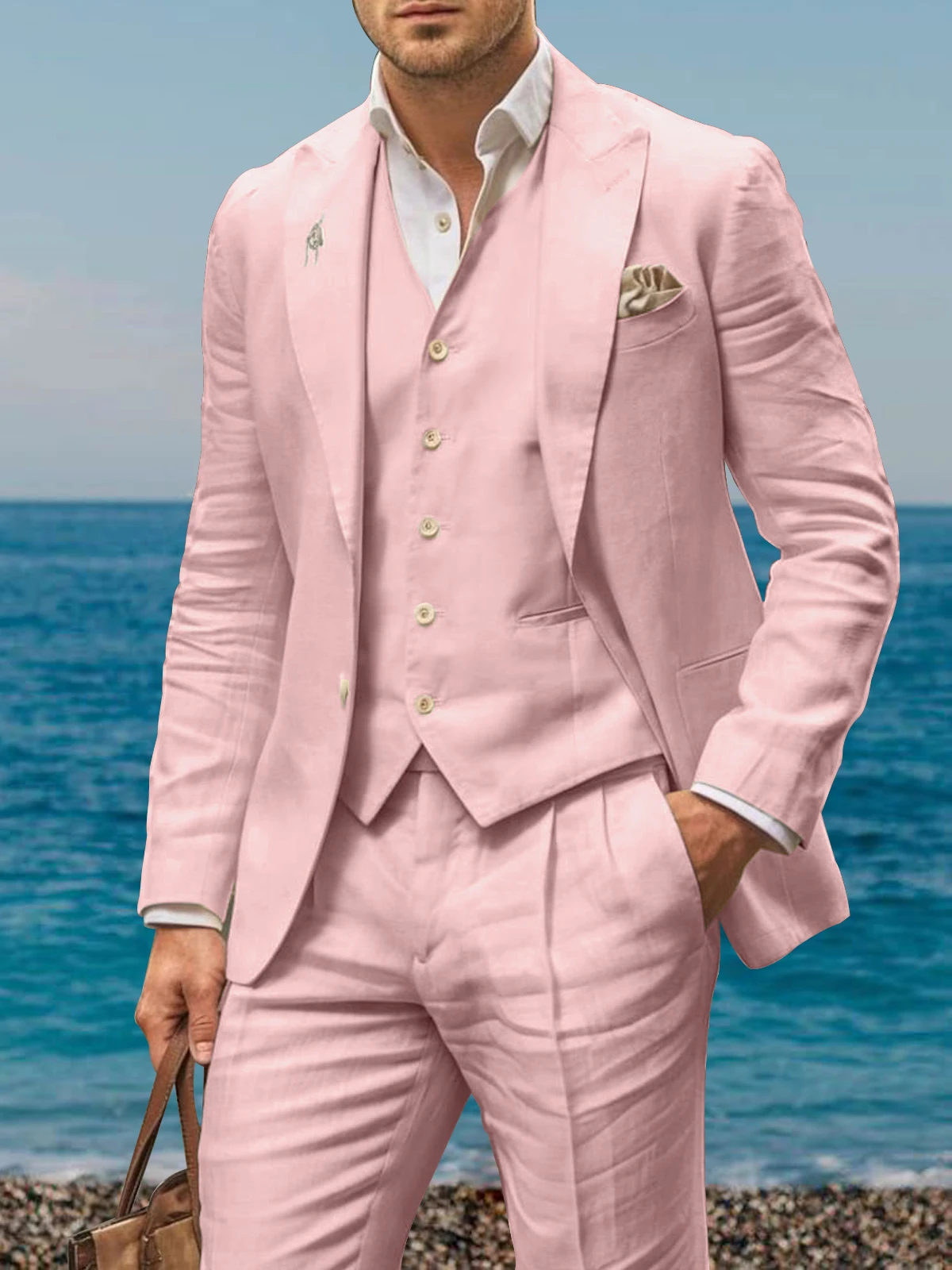 Summer Linen Casual Suits for Men ، Slim Fit Peaked Lapel Solid Tuxedo Mens Suits Traje De 3 Piezas Para Hombre Custom Man Suits