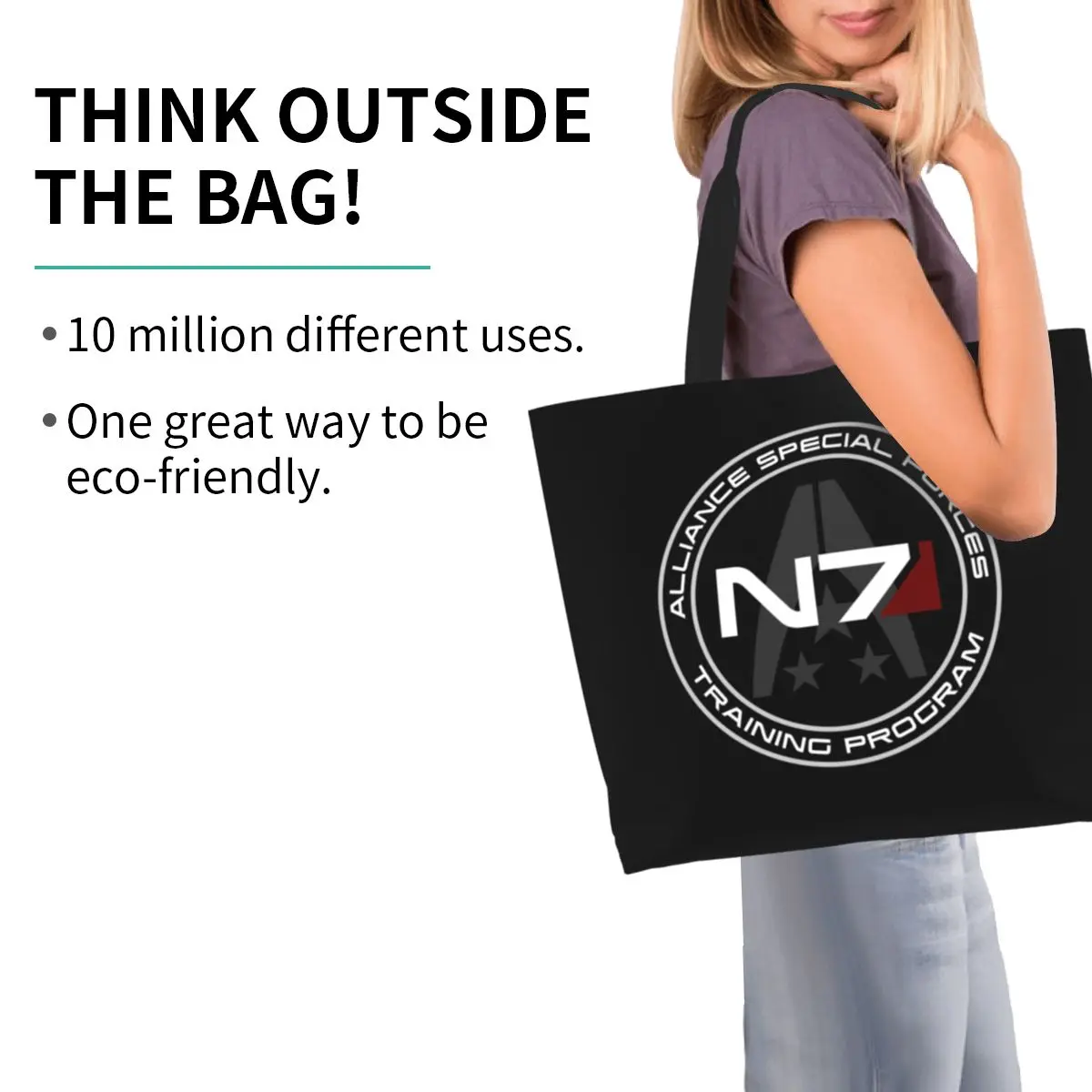 Reusable Alliance Mass Effect N7 Shopping Bag Women Shoulder Canvas Tote Bag Washable Video Game Grocery Shopper Bags