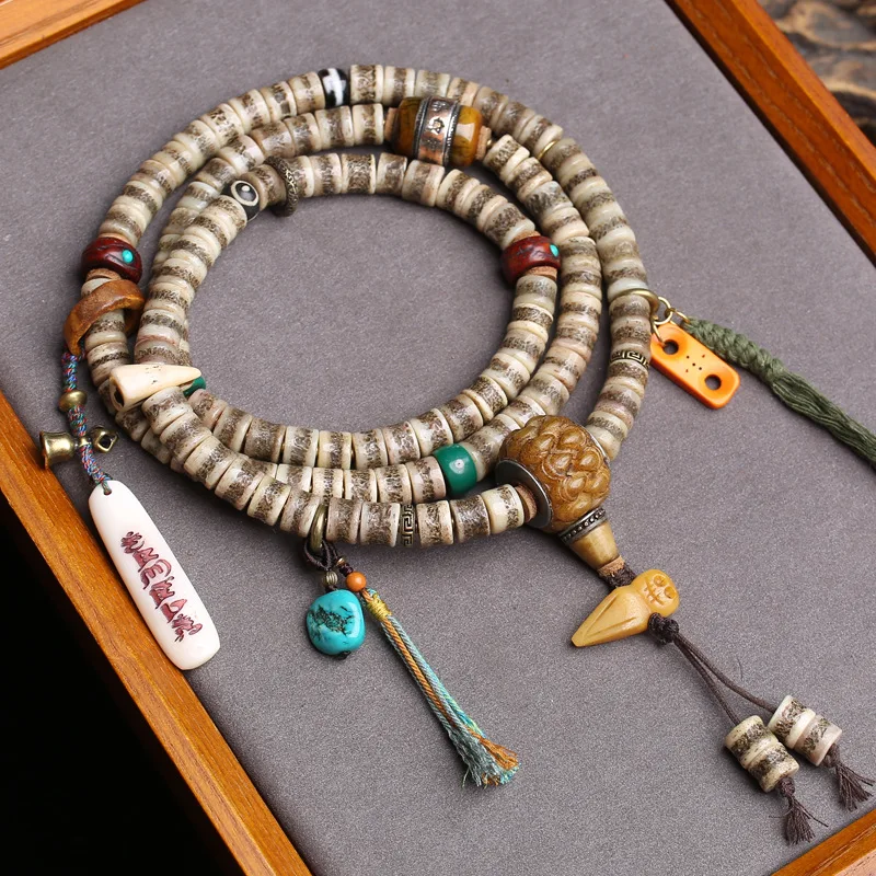 Chinese Style Tibetan 108 Pieces Yak Camel Bone Prayer Beads Mala Lucky Blessing Gawu Box Pendant Tassel Spiritual Meditation