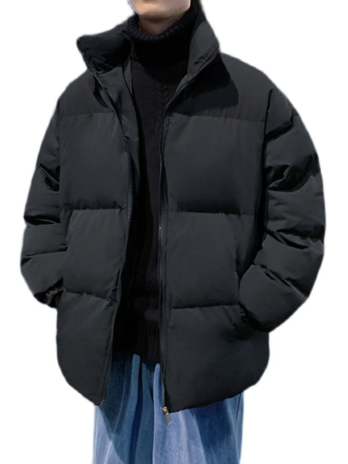

Men's Winter Thiened Cotton Jaet Stand Collar Loose Casual Bread Sle Pure Color Street Faion Couple's Outfit