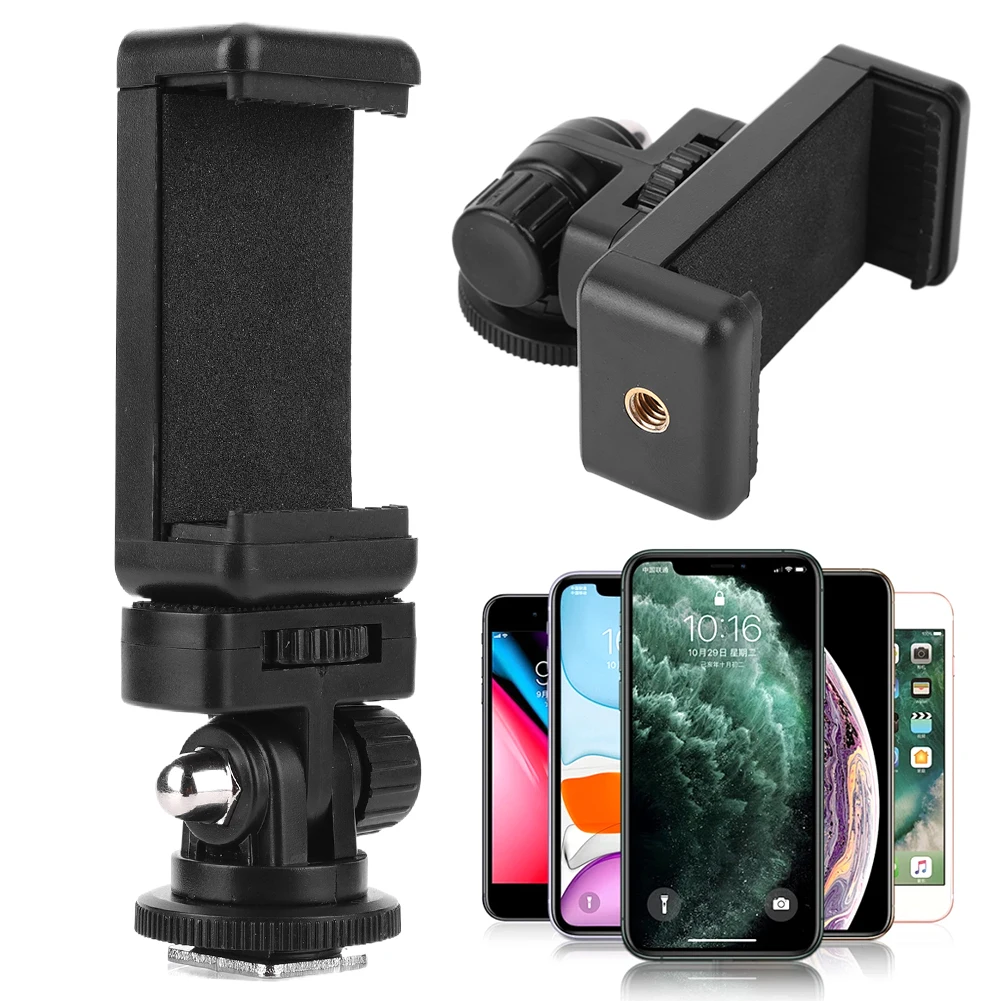 Hot Shoe Phone Holder com Cold Shoe Mount, Clipe para Smartphone, Rotativo, Grampo, Suporte para Canon, Nikon, Sony, DSLR Camera