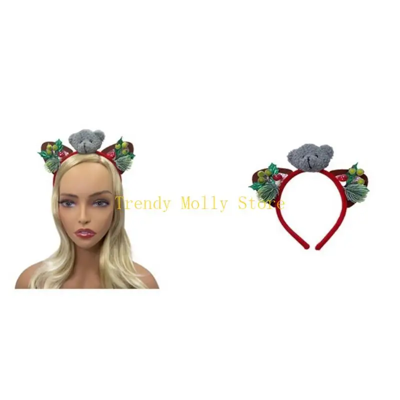 N5KB 크리스마스 귀 머리띠 헤어 후프 크리스마스 곰 머리띠 크리스마스 헤어 밴드와 소나무 바늘 소나무 콘 헤어 액세서리