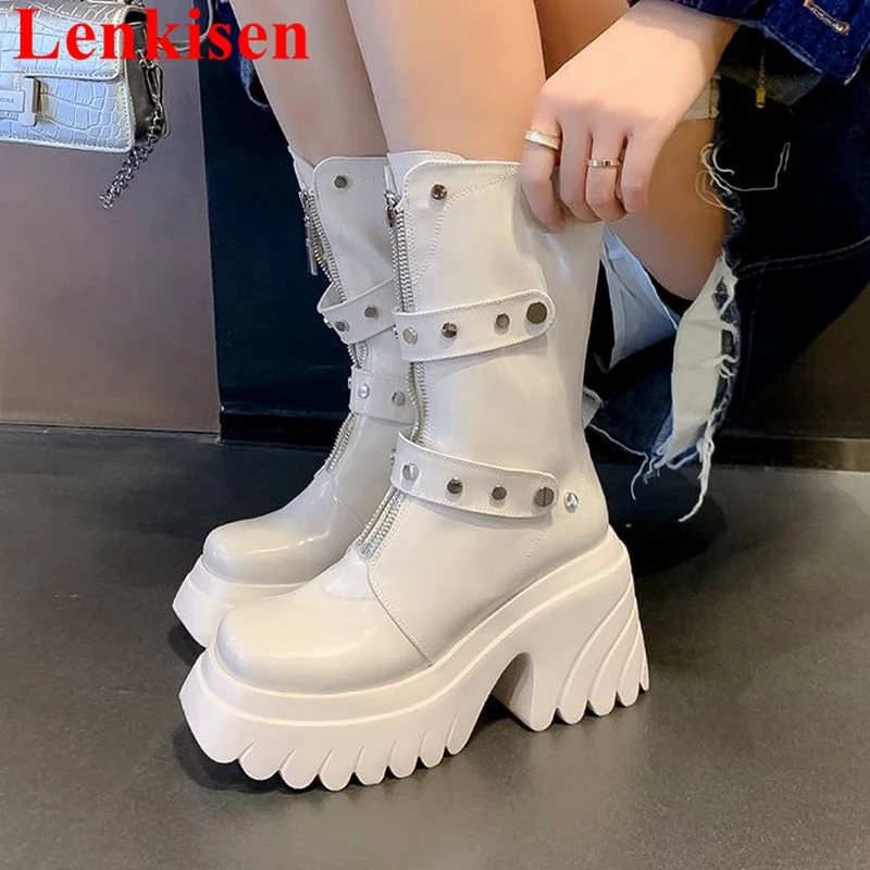 

Lenkisen 2024 Cow Leather Round Toe Thick Bottom Winter Motorcycles Boots Punk Platform Front Zipper Metal Rivets Mid-calf Boots