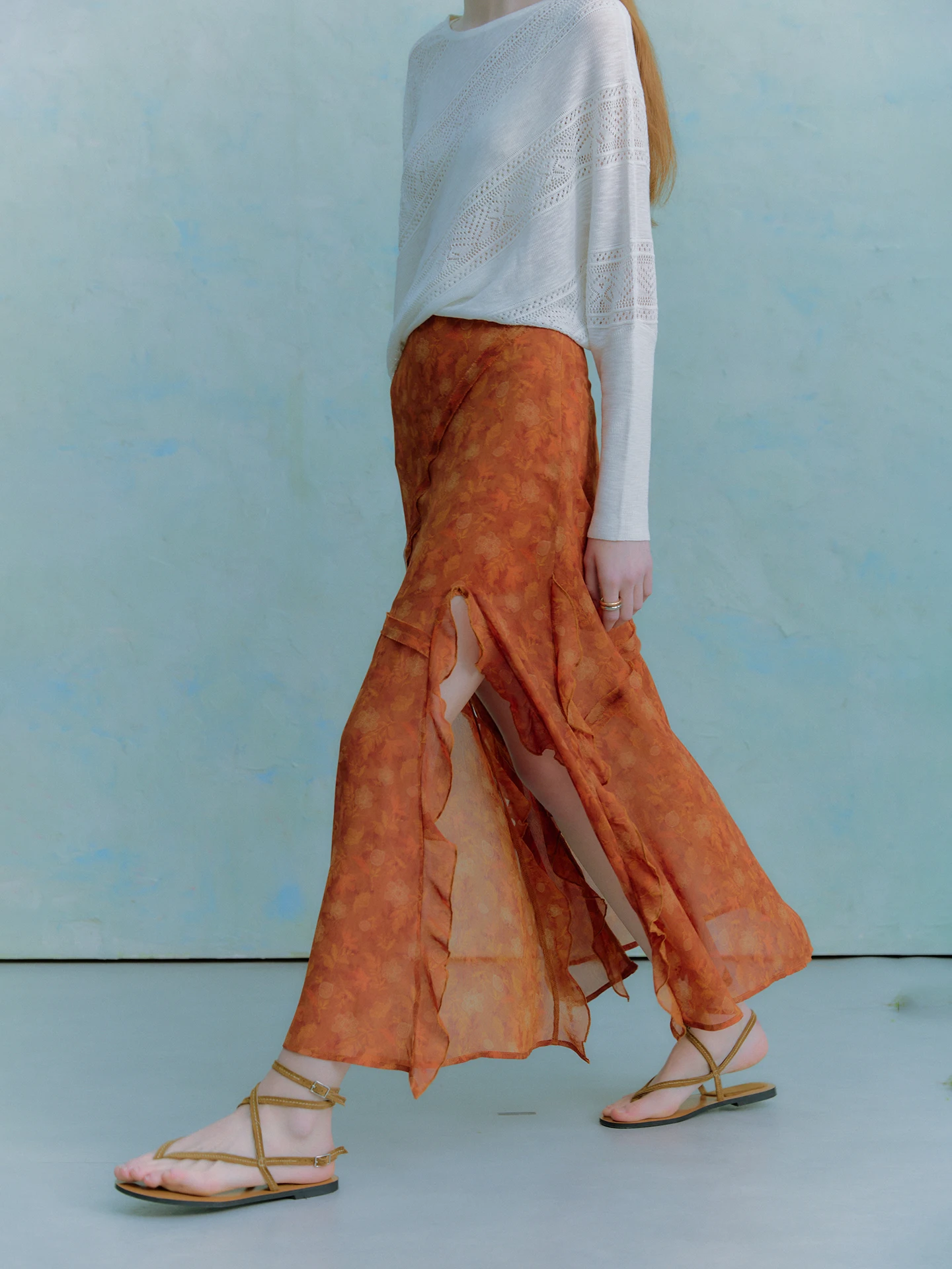 

Женская длинная юбка Oz "Smoke Mist Hanging" в праздничном стиле, оранжевая, с цветочным принтом, весна-лето, с кружевным подолом, А-силуэт