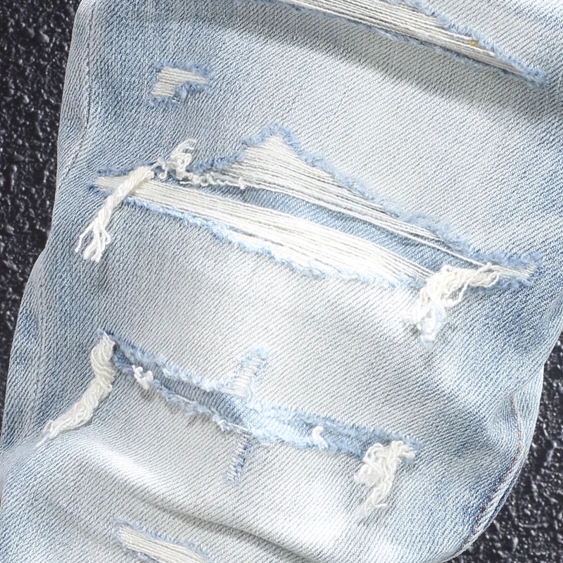  Men Jeans Light‑toned Acid Washed Distressed Denim Pants Scratch Ripped Elastic Slim Fit Urban Streetwear JeansY2K