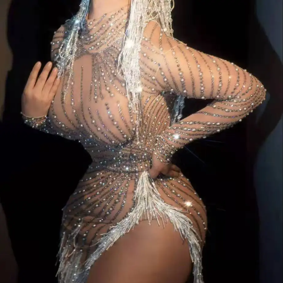 

Sexy Rhinestone Pearls Evening Party Dress Women Perspective Crystal Dress Prom Club Bodycon Dress Latin Dance Stage Wear