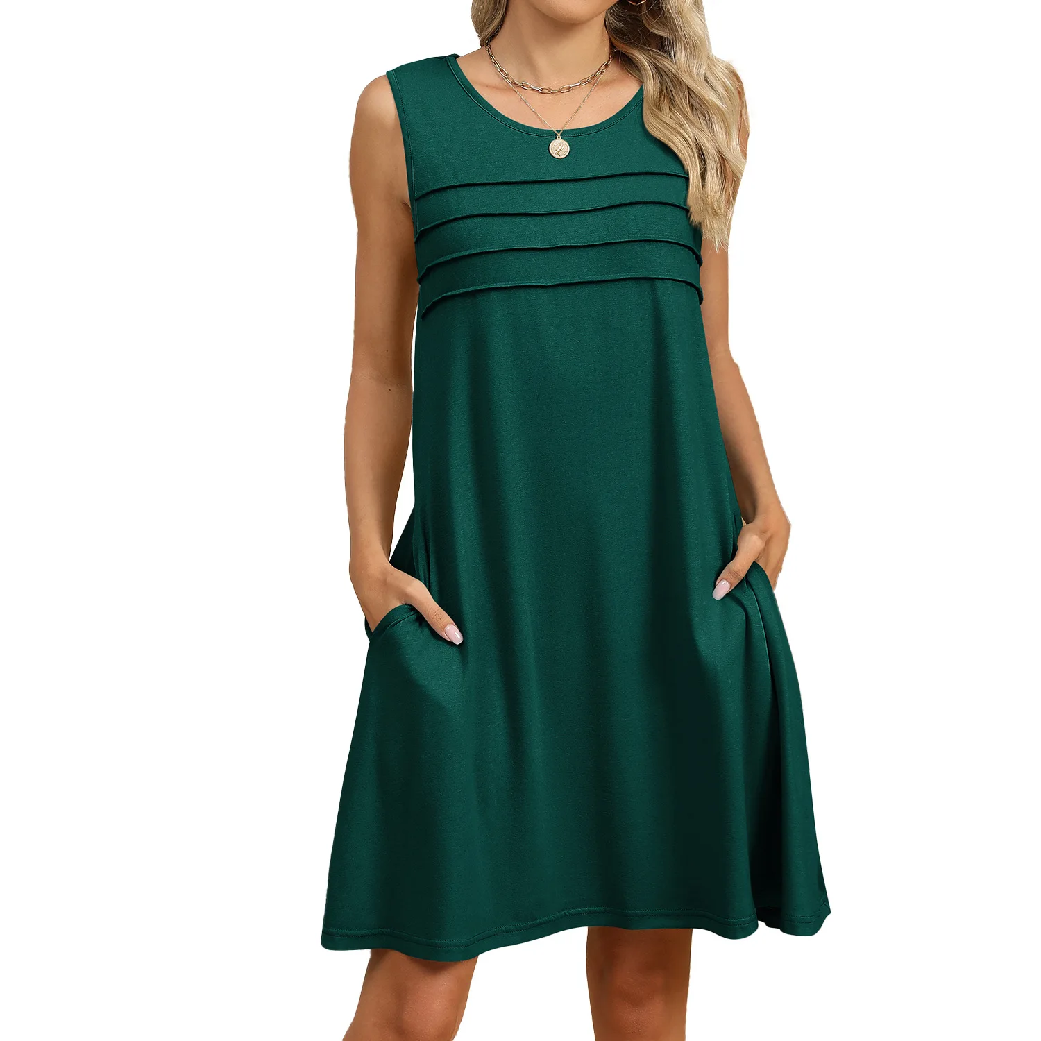 

Solid Color Classic Sleeveless Pleated Chest A Line Dress for Woman Clothes Round Neck Loose Fit Dresses Daily Wear