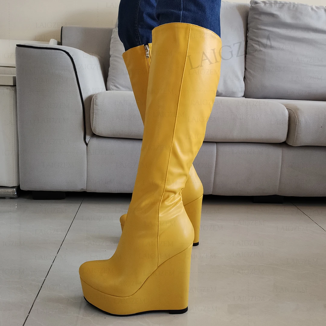 LAIGZEM Women Knee High Boots Platform Wedges Zip Up Round Toe Faux Leather Height Increase Unisex Shoes Woman Big Size 41 45 52