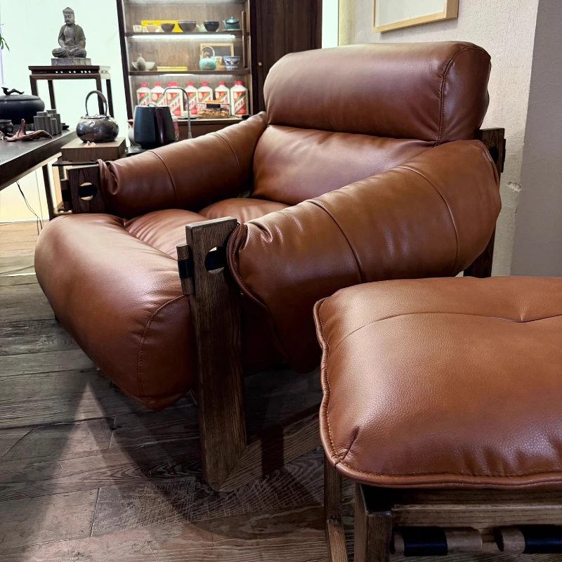 

Medieval style chair single sofa chair cowhide retro leather home living room solid wood balcony leisure recliner