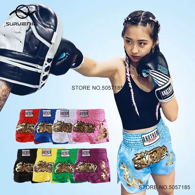 Shorts Muay Thai Soft Satin Boxing Shorts Men Women Child Embroidery Martial Arts Sparring Grappling Cage Fight Kickboxing Pants