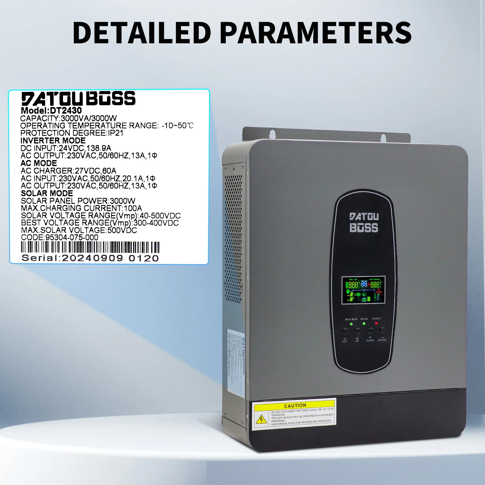 DATOUBOSS 3000W Zuivere Sinus Omvormer 24V naar 230V MPPT Solar Laadregelaar Ingebouwde voor thuis RV Off-Grid