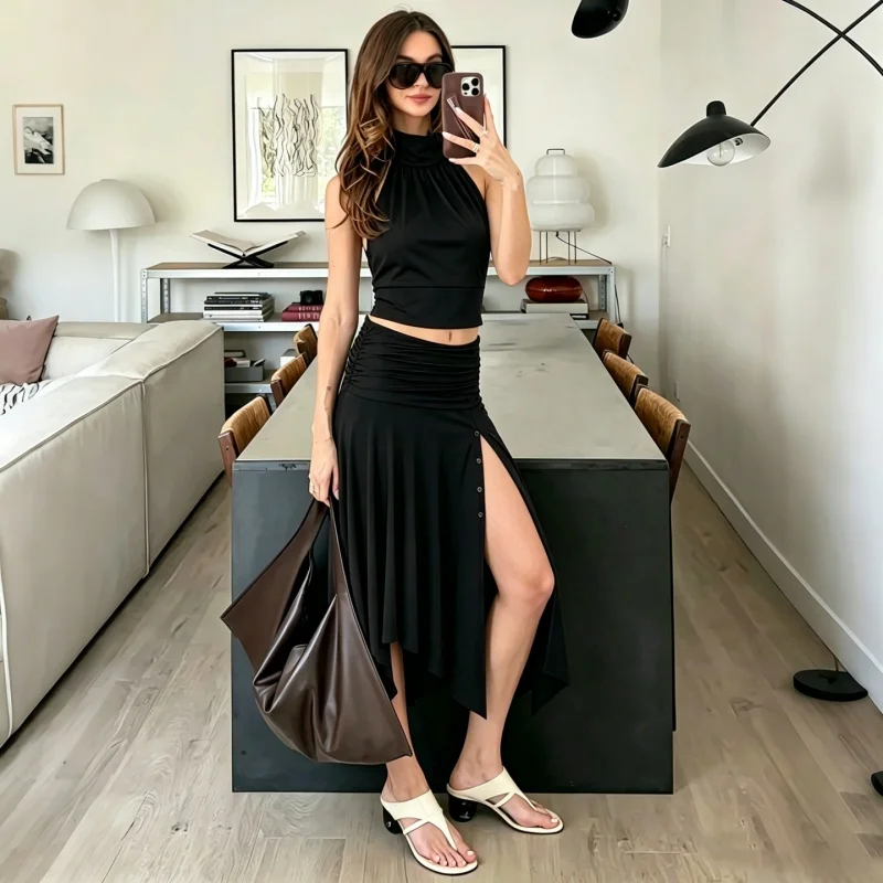 Hugcitar Modischer, hoch taillierter, geraffter Rock mit Schlitz und Knöpfen, sexy, plissiert, unregelmäßig, Midirock, Sommer-Outfit für Damen, Streetwear, Party, Urlaub – Detail 24