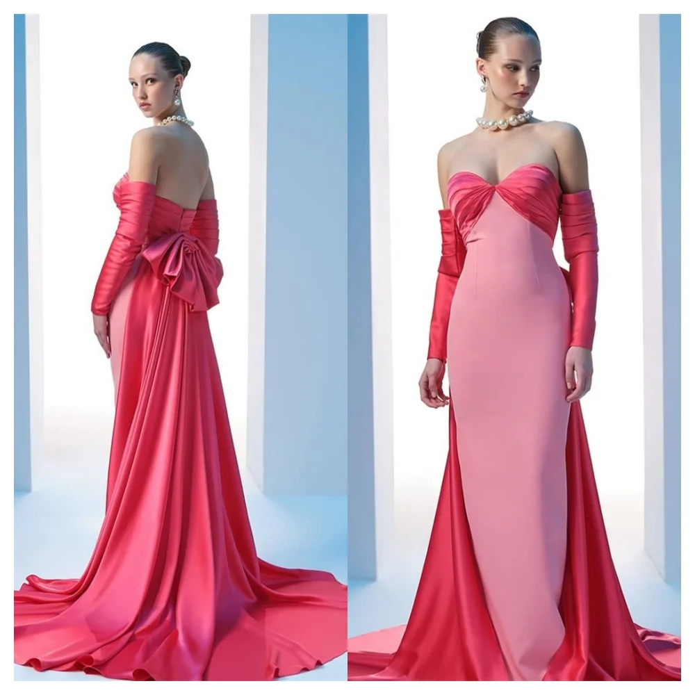 Personalizado requintado camisa rosa vestido de noite delicado sem alças mangas compridas vestido de festa moderno até o chão vestidos de celebridades