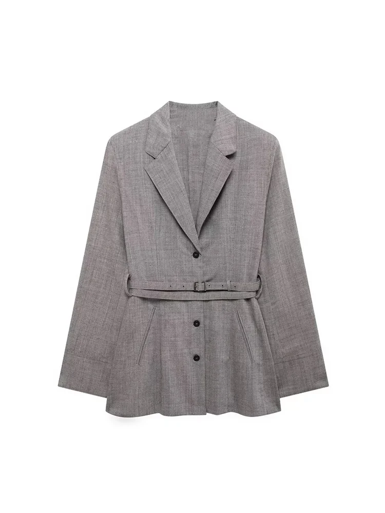 Willshela Women Fashion With Belt Grey Single Breasted Blazer Vintage Notched Neck Long Sleeves Female Chic Lady Outfits