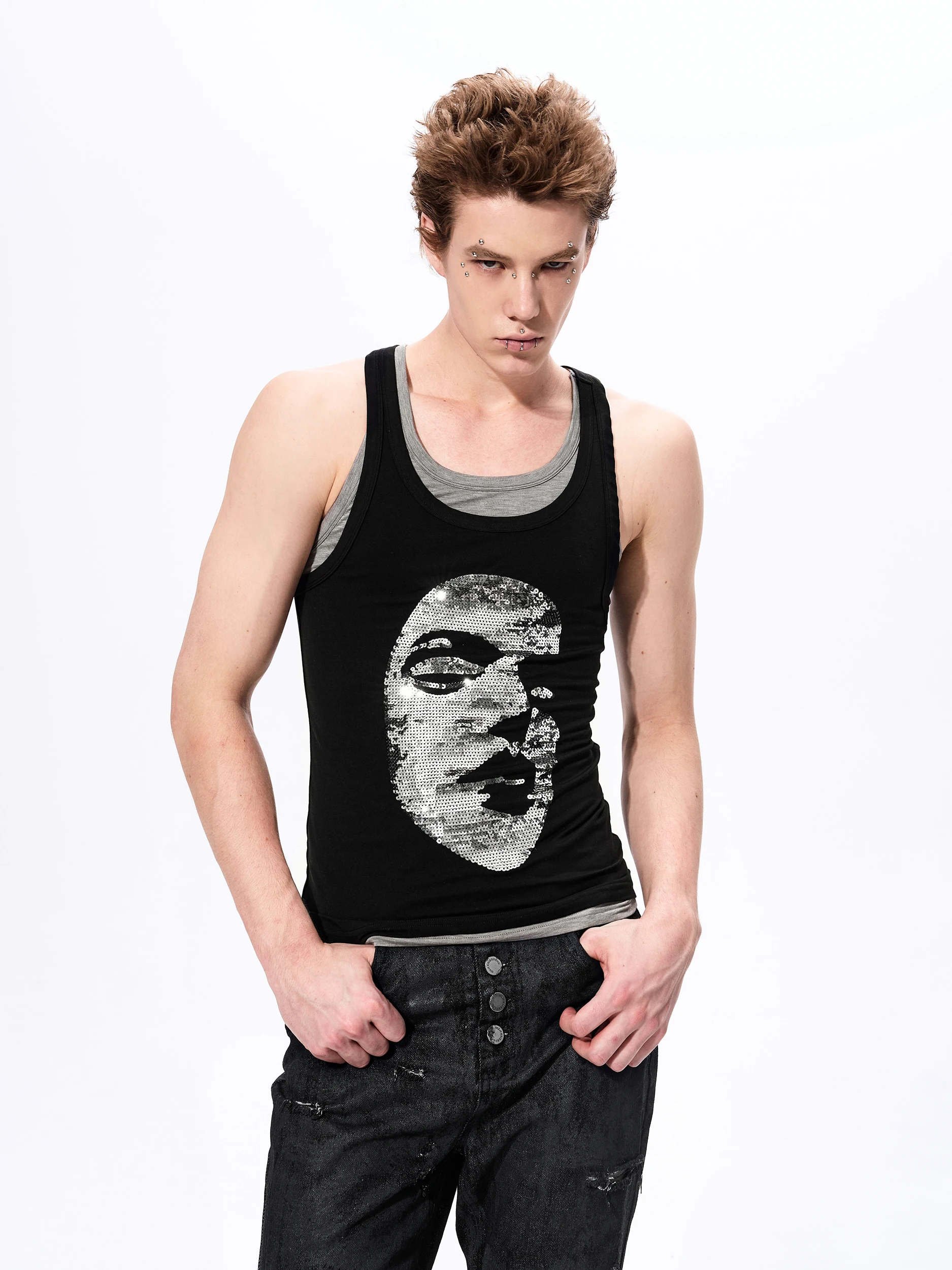 True Two-Piece Men's Wool Vest Elastic Slim Fit Sleeveless Top Face Sequin Design Breathable Sweat-Wicking Summer Fashion