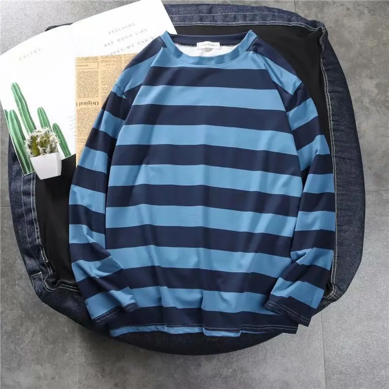 Stylish Yellow/Green/Black/Blue Men\\\'s Striped Long Sleeve Tee Shirt Vintage Motorcycle with Casual Baggy Design