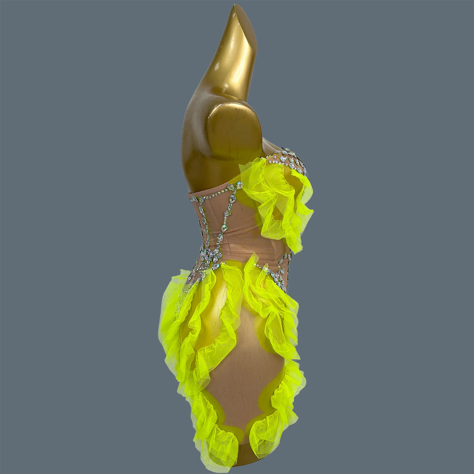 Fashion Off Shoulder Mini Dress AB Rhinestone Women Dance Stage Performance Sexy Wear Yellow Tulle Ruffle Mesh Outfit Huangchong