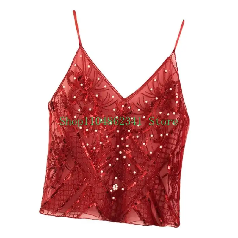 5asd Womens Sparkling Sequins Sheer Mesh Camisole Spaghetti Straps V Neck Crop Top Sleeveless Vest for Cocktails Club