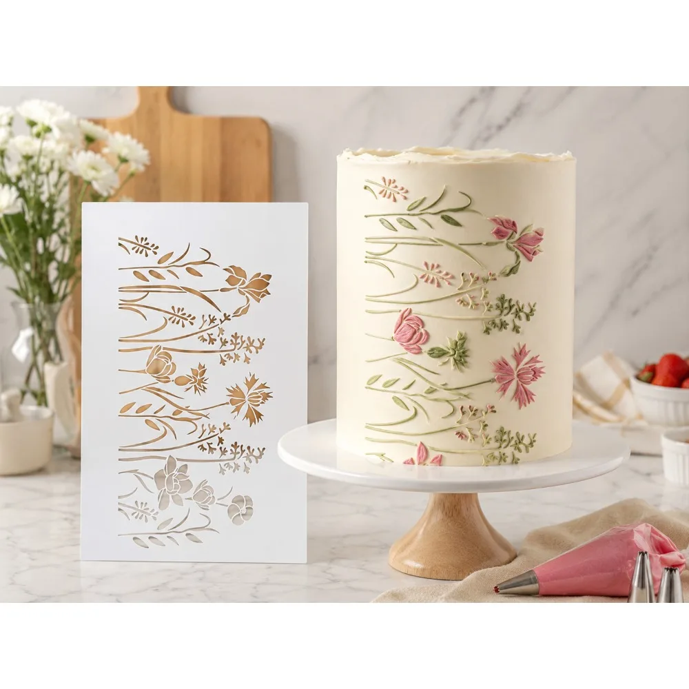 1Pcs Floral Vine Cake Stencil, Food‑Grade PET Reusable Hollow Template for Cake Cookie Fondant Wedding Birthday Decor