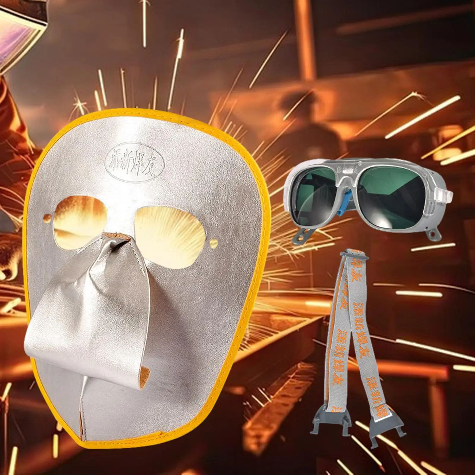 Welding Face Protection Set High Temperature Protection Leather Welding Mask and Welding Goggles for Mechanical Industry