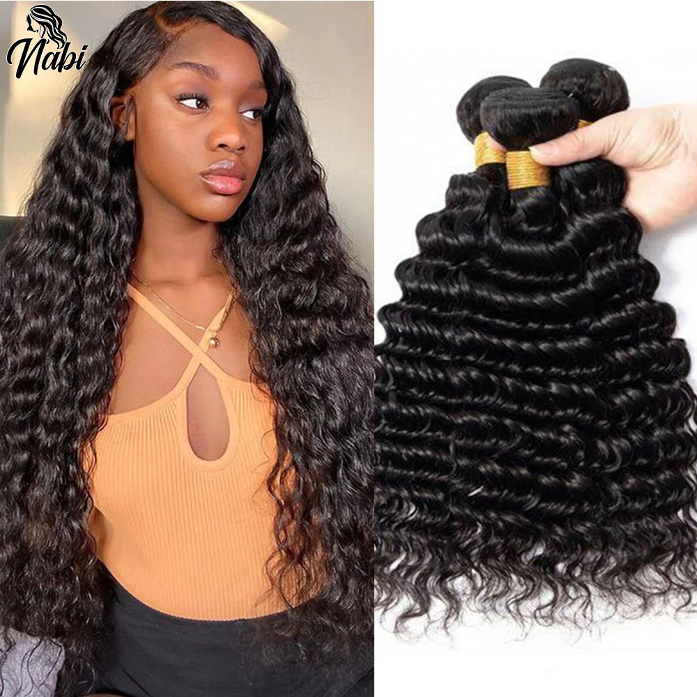 NABI Deep Wave Brazilian Hair Bundles for Wigs Weaving 1 3 4 Bundles Human Hair Bundles for Women