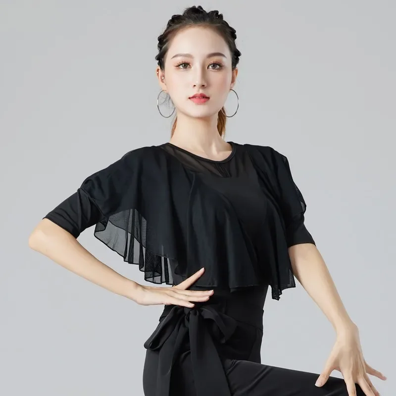 Costume de danse latine pour femmes adultes, noir, manches moyennes, maille, robe d'entraînement moderne, haut de danse de Samba sociale, nouvelle collection été 2025