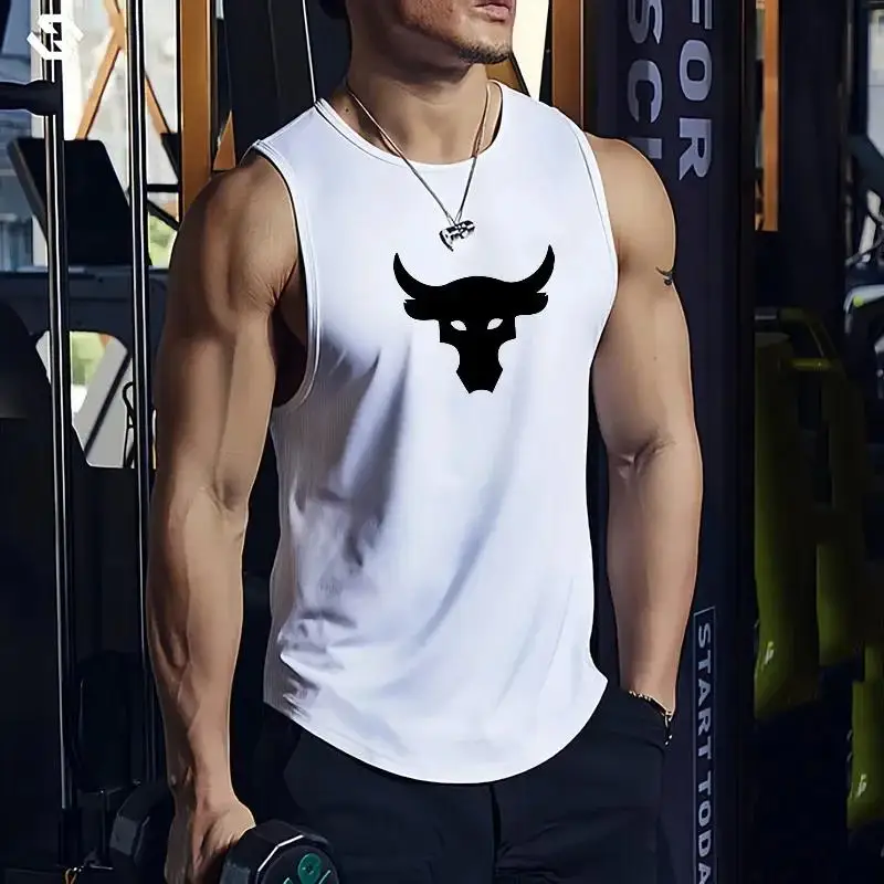 2026 Summer New Muscle Fitness Bull Head Printed Men's Quick Drying Tank Top for Running Training Breathable Sleeveless T-shirt