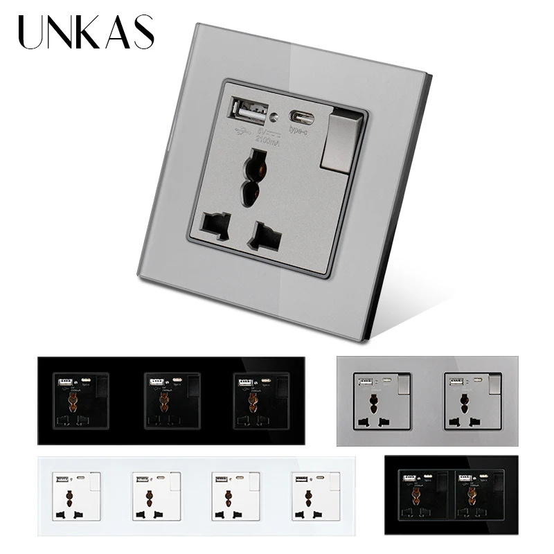 

UNKAS 3 Pin Universal Socket With Switch And USB Type C Charging Ports For iPhone Android Tempered Glass Panel