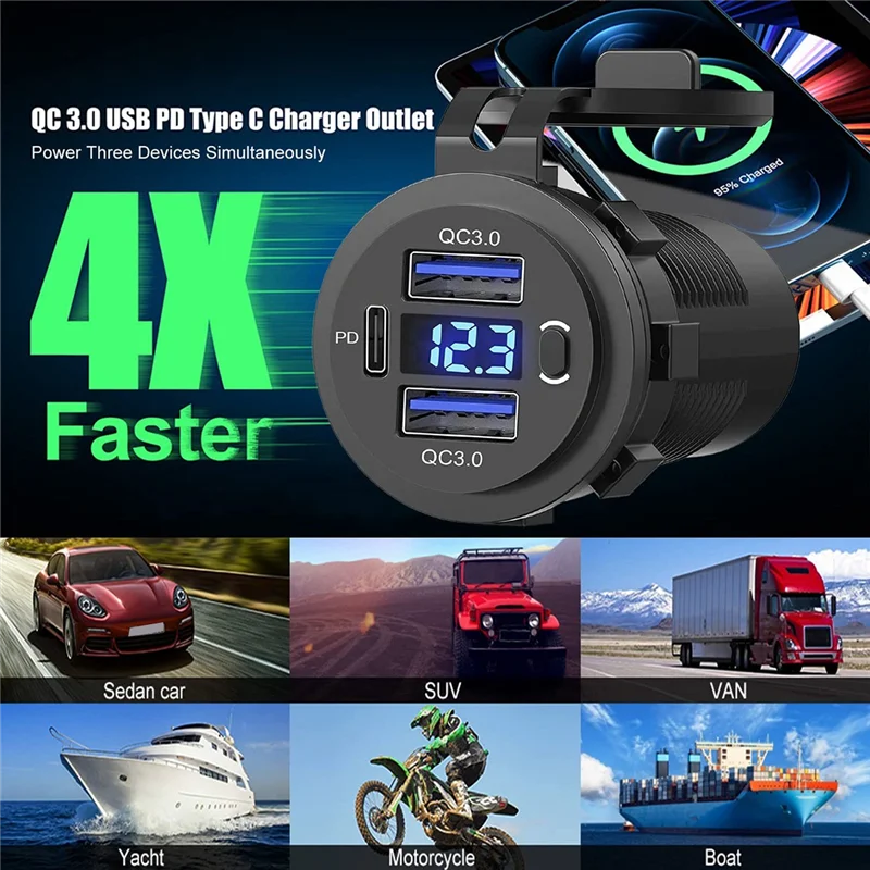 12V USB Outlet Dual Quick Charge with Voltmeter and Power Switch, Multifunction USB Charger Adapter for Car Marine Truck