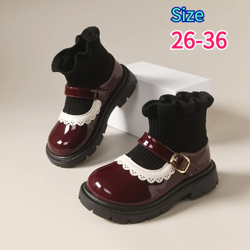 Girls Mary Jane Boots Knitted Sock Girls Ankle Boots Patent Leather Kids Princess Shoes Soft Toddler Footwear Children's Botas