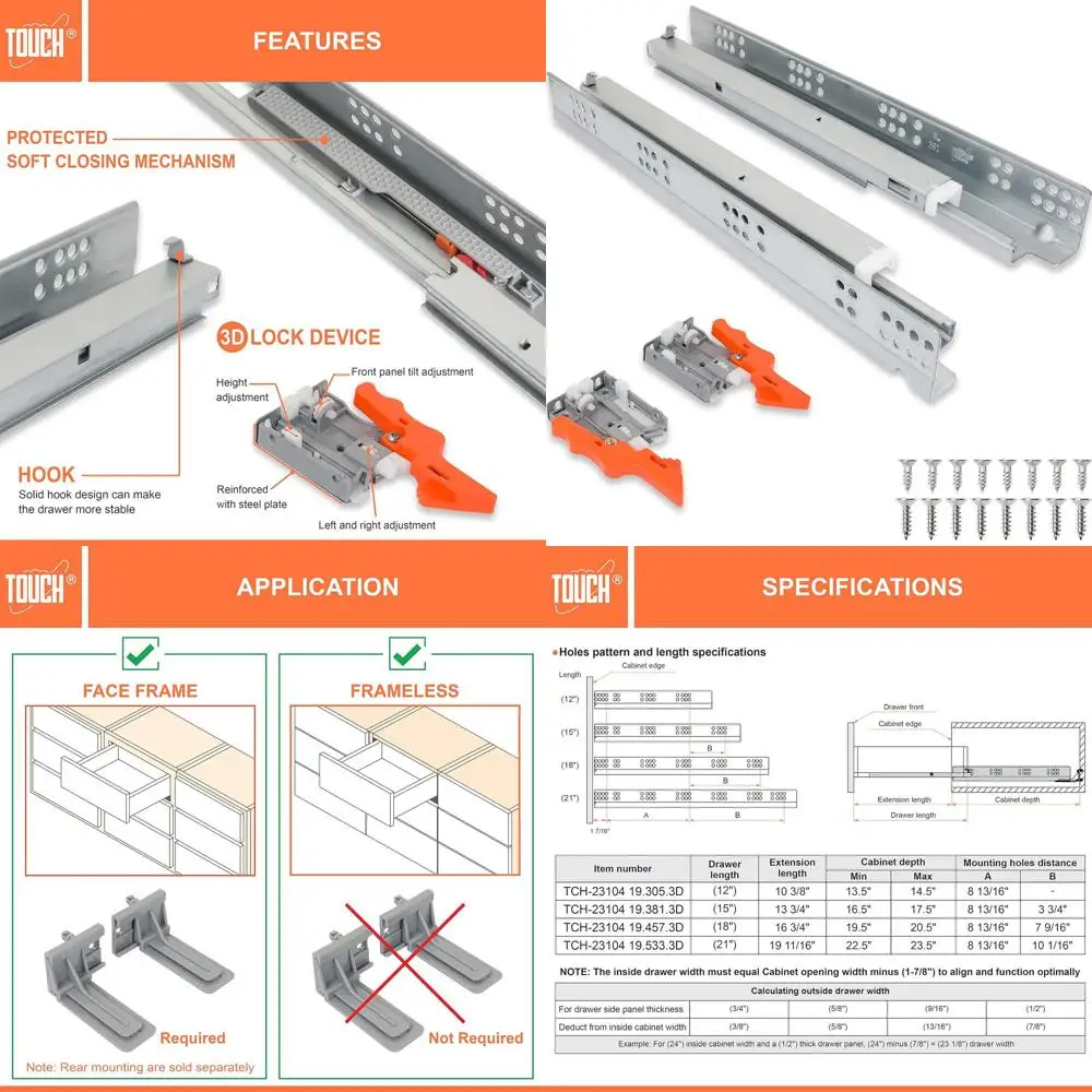 

15-дюймовые направляющие для выдвижных ящиков скрытого монтажа с 3/4-секционными направляющими с плавным закрыванием, 3D-фиксацией, нагрузка до 75 фунтов, скрытые направляющие (3 пары, 381 мм)