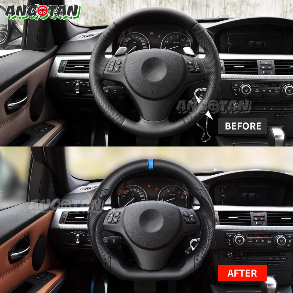 عجلة قيادة جلدية كاملة لسيارات BMW E90 E91 E92 E93 E89 E87 E70 E84 E82 E81 328i 335i 135i 325i مع خط مركزي للخياطة الزرقاء #3