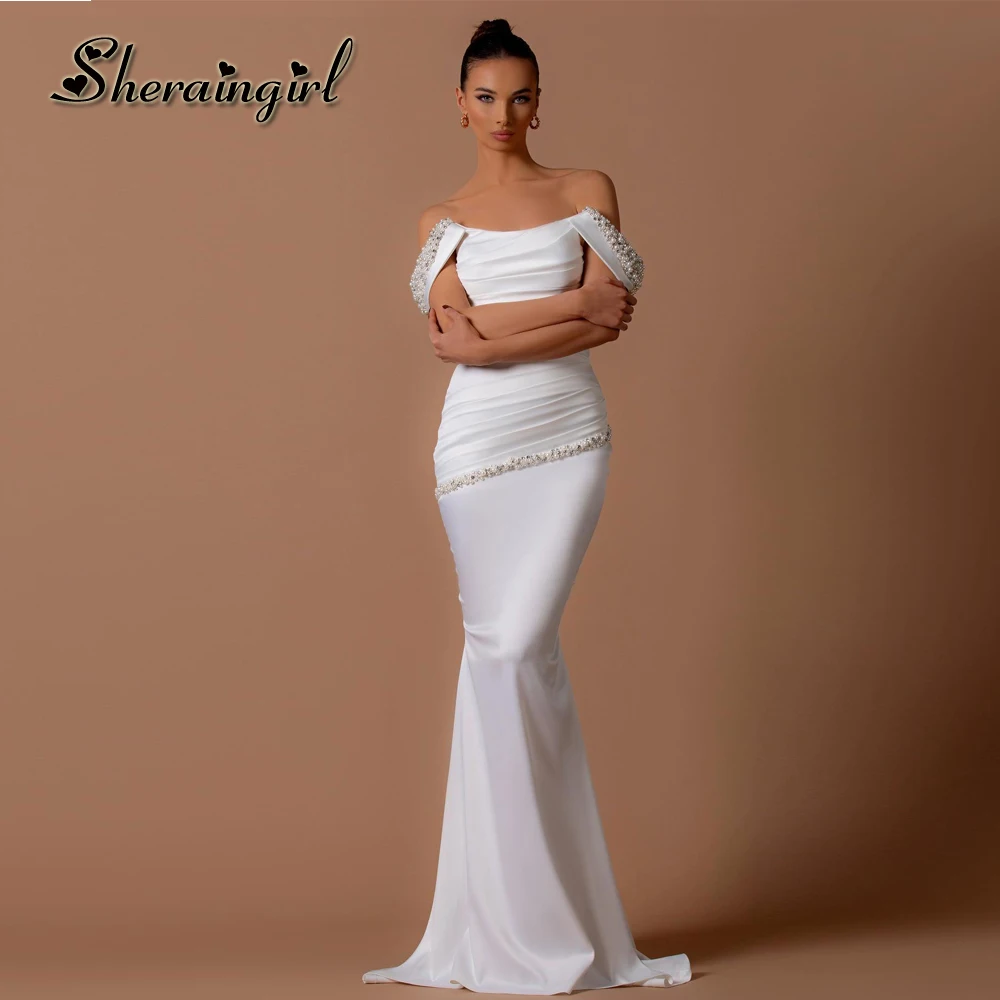 

SHERAIN Trendy Off-the-shoulder Prom Dresses with Pearls Cryatals Mermaid Pleat Formal Party Gown Vestidos De Festa Personalised