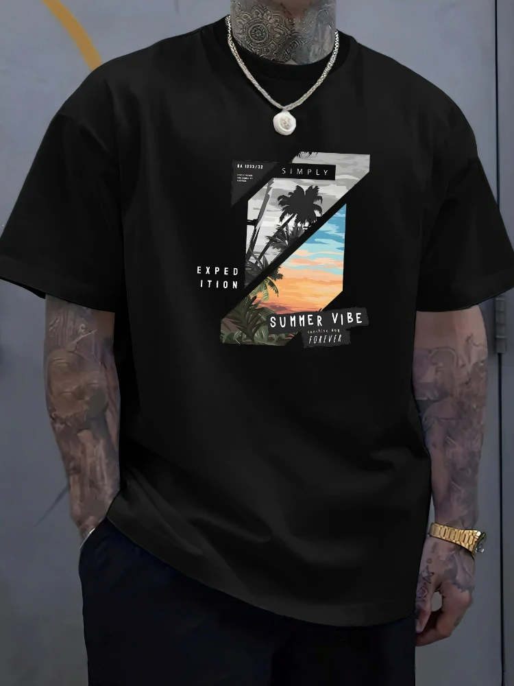 

Energetic tropical printed T-shirt with round neck-soft 100% cotton summer casual T-shirt.