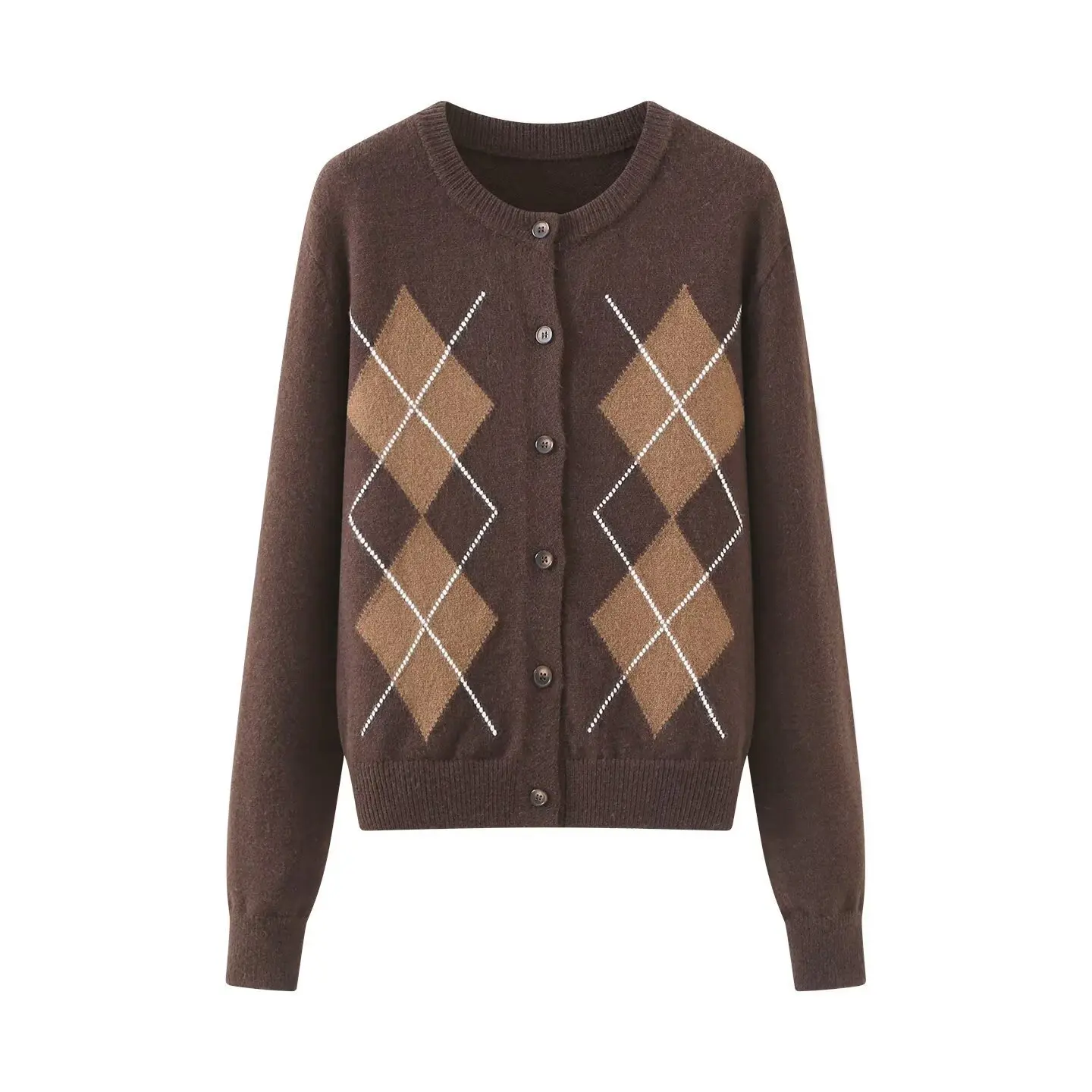 Women's Fashion Casual Diamond Pattern Round Neck Knit Cardigan