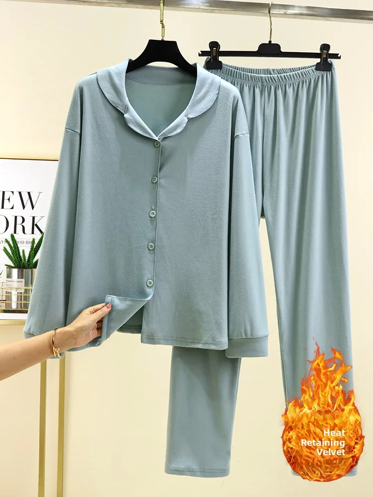 

Thickened Long Sleeve Sleepwear Women's Loose Fit Casual Shirt Collar Home Clothes Two-Piece Set Winter Comfortable Pajamas