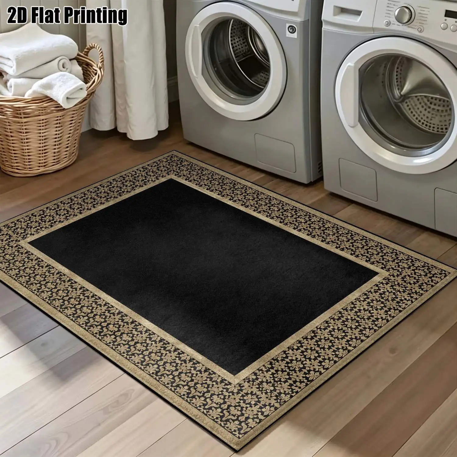 1Pc 2D Printed Black & Gold Patterned Border Carpet European Retro Geometric Bohemian Style, Home Decor Rug in Multiple Sizes, Machine Washable, Perfect for Entryway, Living Room, Bedroom, Dining Room & Foyer.
