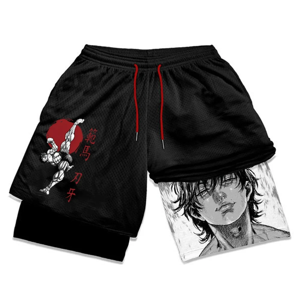 Men\'s Anime Hanma Baki Fitness Shorts Printed Black Double Layer 2 In 1 Quick-drying Shorts Fitness Running Sports Summer