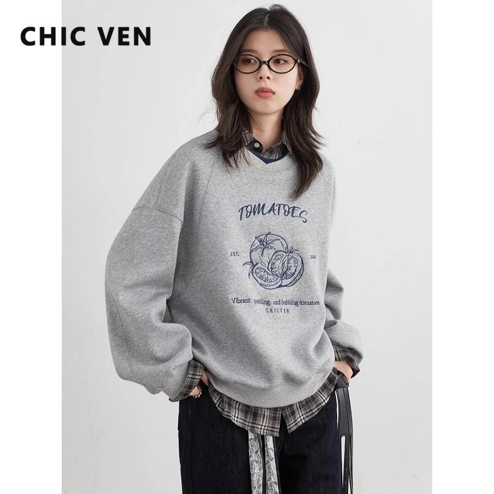 

CHIC VEN Women Sweatshirts Loose Casual Design Contrasting Color Female Pullover Embroidery Pullover Coat Autumn Winter 2025