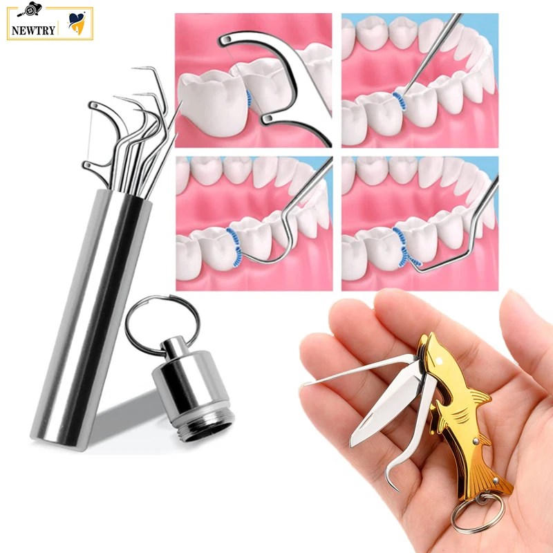 5Pcs Creative Mini Oral Clean Toothpick Set Keychain Stainless Steel Dental Floss Pick Knife Bottle Opener Teeth Flossing Tool