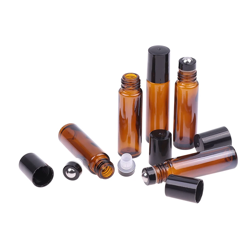 1Pc 10ml Amber Glass Roll On Bottle For Essential Oil Vials With Roller Metal Ball Refillable Bottles Containers