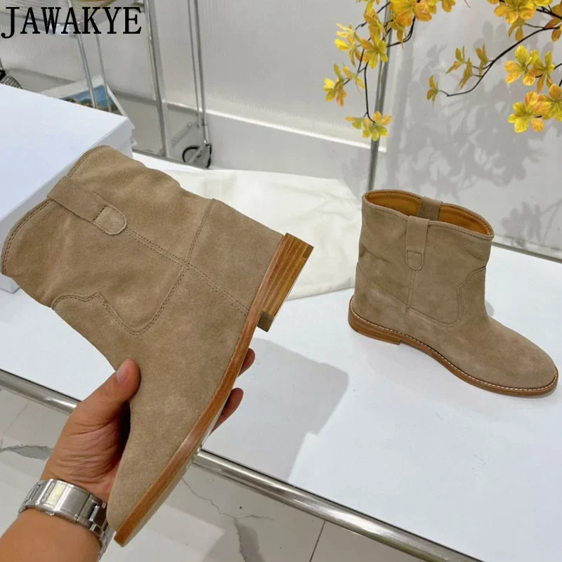 

Designer Inner Wedge Heel Ankle Boots For Women Suede Leather Round toe Flat Heel Chelsea Boots Winter Platform Shoes Woman