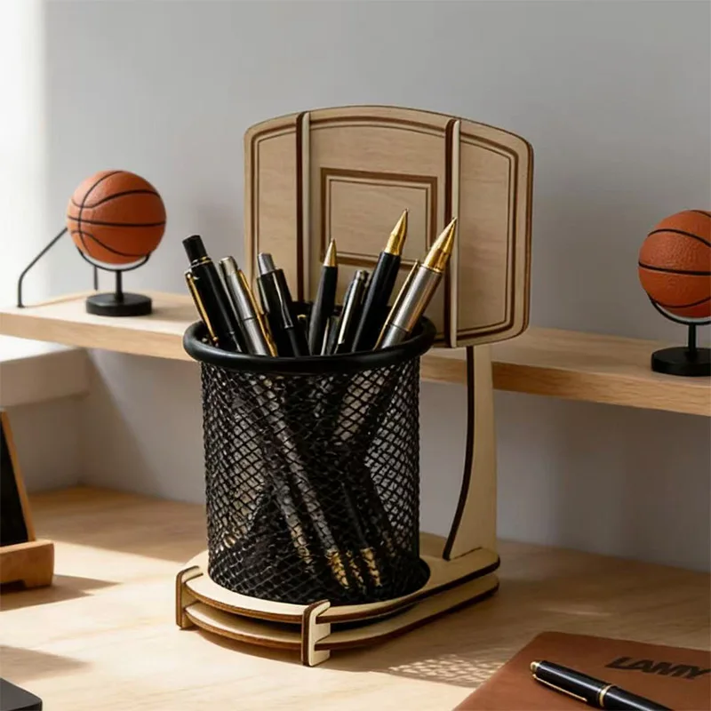 Soporte para bolígrafos con forma de aro de baloncesto, multifuncional, de madera, creativo, organizador de papelería, caja de almacenamiento para oficina y estudio, herramienta de entretenimiento, regalo para el Día de San Valentín, Navidad, también adecuado como obsequio, regalo para compañeros de clase, regalo de cumpleaños, regalo navideño, premio para el aula.