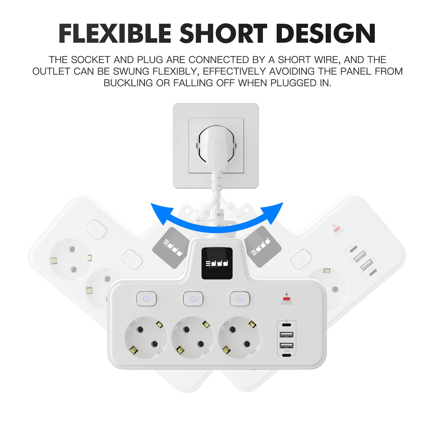 2500W EU AC Plug Power Strip Independent Switch Wall Mounted European Standard Plug Socket Network Filter With USB C Charging