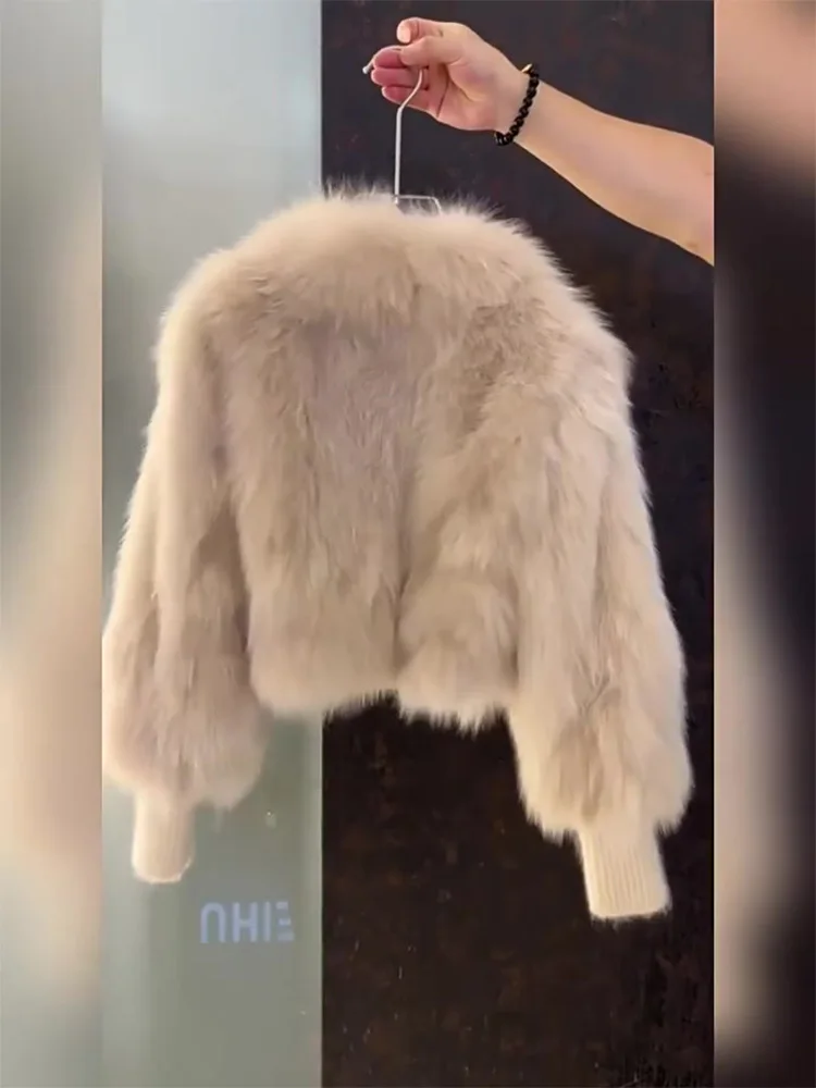 Kurze Damen-Jacke aus Kunstfuchsfell, Leder und Pelz, Patchwork-Plüschmantel, Reißverschluss, lockere pelzige Oberbekleidung, warme, stilvolle Winterjacken