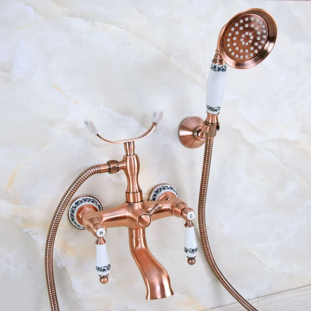 

Antique Red Copper Wall Mounted Bathtub Faucet Hot and Cold Water Bath Tub Crane Bathtub Mixers With Handshower